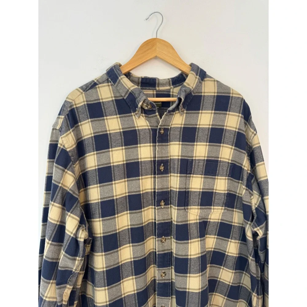 Outdoorsy Eddie Bauer Mens‎ 3XLT Flannel Shirt Navy Tan Plaid Long Sleeve Tall